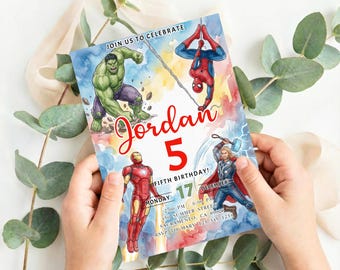 Avengers Party Superhelden Geburtstagseinladung Vorlage bearbeitbar Geburtstagsparty-Einladung Kinder-Party einladen Vorlage Bday Card
