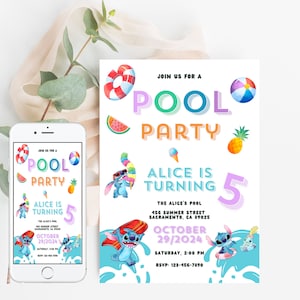 Stitch-Geburtstags-Einladung | Stitch-Blitz-Party | Stitch Party einladen | Strandparty einladen | 20x20cm Geburtstagsparty einladen Digitale Einladung