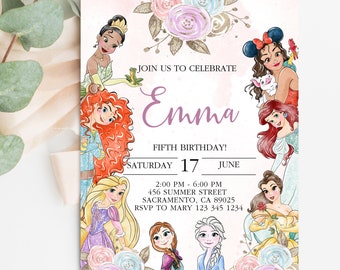 Little  Princess Frozen, Tangled, Tiana, Moana, Belle, Merida  Birthday Invitation Girl Editable Template Custom Instant