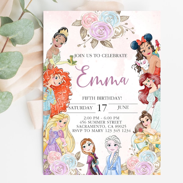 Petite princesse Frozen, Tangled, Tiana, Moana, Belle, Merida Invitation d'anniversaire fille modèle modifiable instantané personnalisé