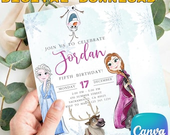 Frozen Birthday Invitation, Watercolor Princess Elsa Anna Invite, Olaf Winter Wonderland Party, Editable Canva Template or We Edit