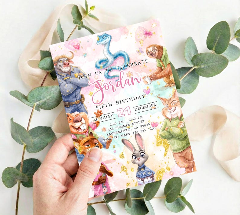 Zootopia 2 Girl Birthday Invitation Template | Judy Hopps and Nick Wilde Invite Editable Canva Template | Animal Party Digital Download image 4