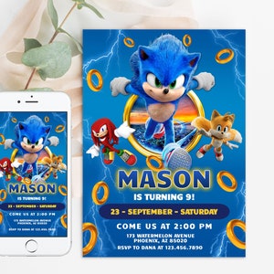 Invitation numérique d'anniversaire sonic, invitation électronique à une fête d'enfants, tonnerre, cartes d'invitation d'anniversaire super hérisson pour garçons