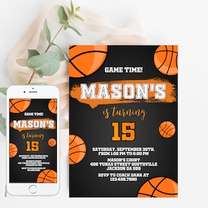 Plantilla de invitación de cumpleaños de baloncesto imprimible, invitación de cumpleaños de baloncesto editable