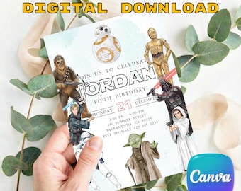 Watercolor Star Wars Birthday Invite Printable, Galaxy Space Superhero Party Invitation, May the Force Be With You Theme, Instant Download