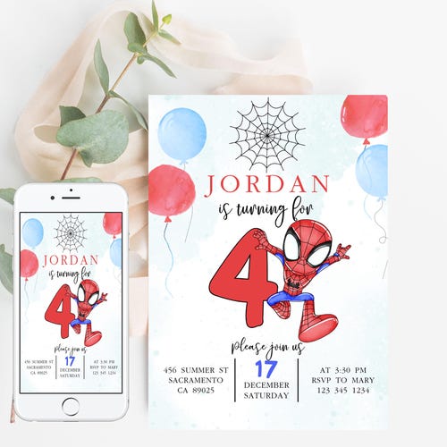 La edad se puede editar. Invitación de cumpleaños de Spidey y sus amigos: Plantilla editable (Descarga digital)