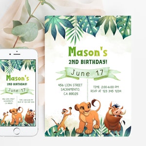 Lion King Birthday Invitation Boy Simba Jungle Animals Party Editable Template Instant Download Evite Digital or Printed Invite Timon Pumba
