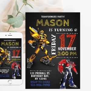 Rescue Bots Birthday Invitation, Optimus Prime invite, Autoboots party invitation, Bumblebee invitation, transformers party