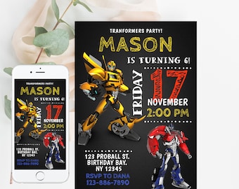 Rescue Bots Birthday Invitation, Optimus Prime invite, Autoboots party invitation, Bumblebee invitation, transformers party