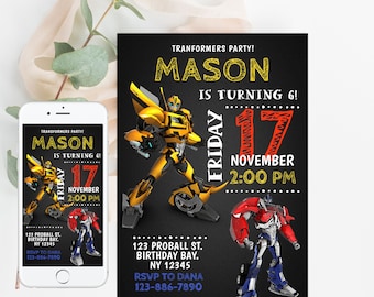 May include: A black Transformers party invitation with yellow and red text. The invitation includes the text "MASON IS TURNING 6!" and the date "NOVEMBER 17, 2:00 PM". The invitation also features images of Transformers characters.
