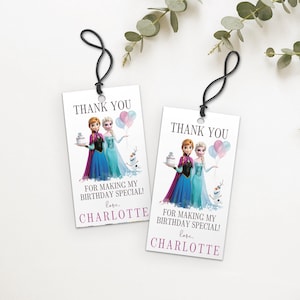 Cartão de aniversário da Elsa com etiqueta de agradecimento FROZEN, modelo de convite Frozen para impressão e download instantâneo, para aniversário de inverno e neve