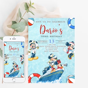 May include: A blue and white birthday invitation with a nautical theme. The invitation features Mickey Mouse and his friends on a boat. The text on the invitation reads "Join us to celebrate Dario's Third Birthday" and includes the date, time, and location of the party.