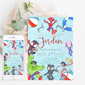 Modello modificabile per festa in piscina di Spidey e i suoi fantastici amici, invito di compleanno, download immediato personalizzato