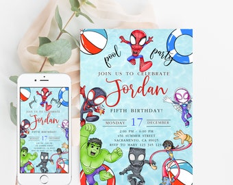 Spidey and His Amazing Friends Birthday Invitation Girl Boy Pool Party Editable Template Custom Instant Download