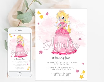 Princess Peach Birthday pink Invitation | Digital Invite, mario bros invitation