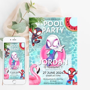 Spidey Friends Spider Gwen Pool Party Birthday Invitation Girl Spiderman Party Editable Canva Template Instant Download Digital