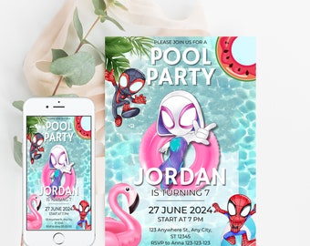 Spidey Friends Spider Gwen Pool Party Birthday Invitation Girl Spiderman Party Editable Canva Template Instant Download Digital