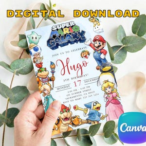 May include: A Super Mario Galaxy themed birthday invitation card featuring colorful illustrations of Mario, Princess Peach, Bowser, and other characters. The text includes the name Hugo, 3rd birthday, date, time, and address details. The top reads DIGITAL DOWNLOAD.