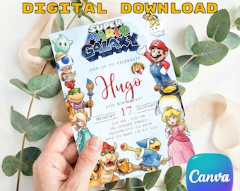 Super Mario Galaxy Birthday Invitation, Mario and Friends Party Invite, Watercolor Princess Peach, Bowser, Rosalina