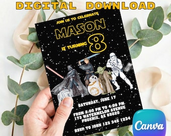 Star Wars Birthday Invitation, Watercolor Galaxy Invite, Jedi Party Invitation, Darth Vader, Yoda, R2D2, Digital Invite