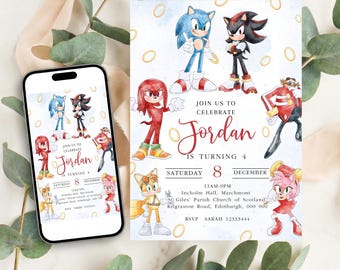 Sonic birthday invitation watercolor Sonic birthday Invitation Black Shadow, tails, Knuckles