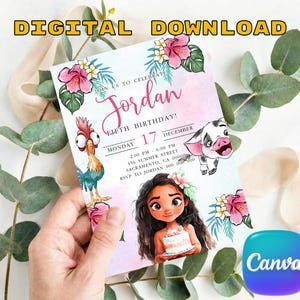 May include: A rectangular birthday invitation card featuring a cartoon girl holding a cake, a rooster, and a piglet, decorated with pink hibiscus flowers and green leaves. The text reads: JOIN US TO CELEBRATE Jordan FIFTH BIRTHDAY! MONDAY 17 DECEMBER.