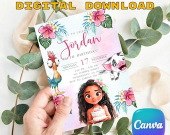 Moana Birthday Invitation, Watercolor Princess Moana Invite, Editable Hawaiian Theme, Summer Party