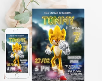 Super Sonic Birthday Digital Invitation neon, Kids Party E-invite, Thunder, Super Hedgehog Birthday Invites Cards for Boys
