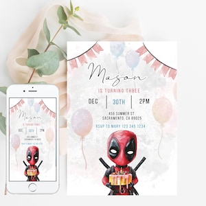 Invito per festa di compleanno di Deadpool Invito per festa di compleanno di supercriminale Invito per festa di compleanno di Deadpool Modello modificabile per il Web Download immediato digitale