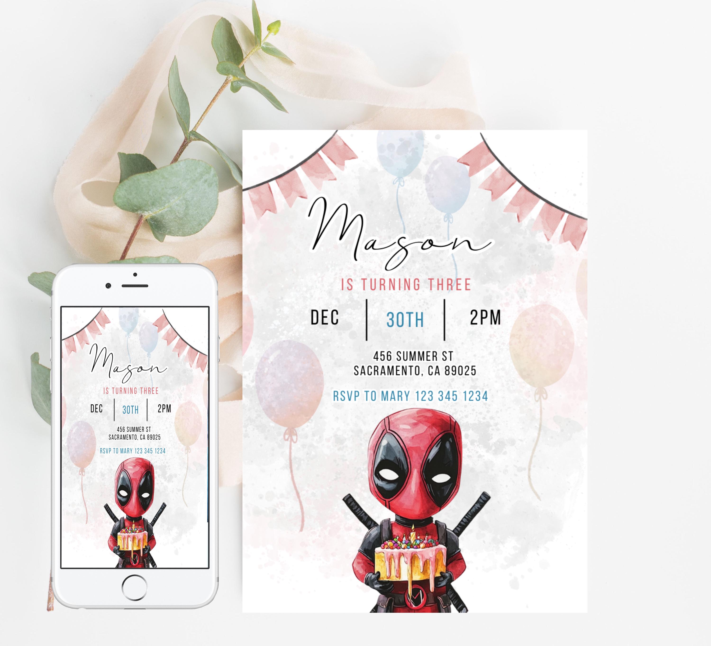Invitation Deadpool, fête d'anniversaire, invitation d'anniversaire super-vilain, modèle modifiable pour le Web, téléchargement numérique