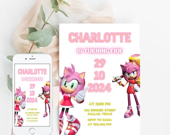 Sonic Amy Rose Birthday Digital Invitation, Kids Party E-invite, Thunder, Super Hedgehog Birthday Invites Cards for Girl