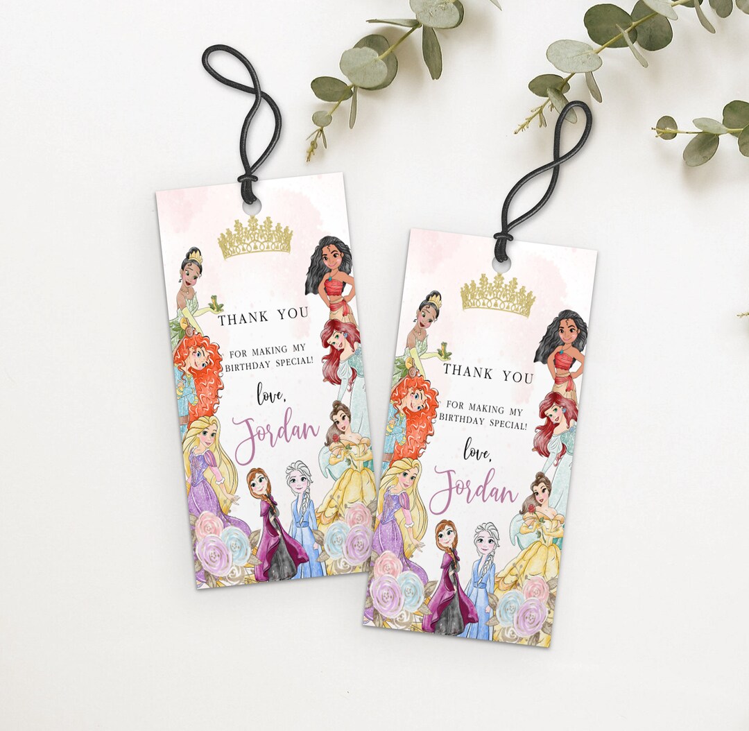 Little Princess Birthday Thank You Tag, Tangled, Tiana, Moana, Belle ...