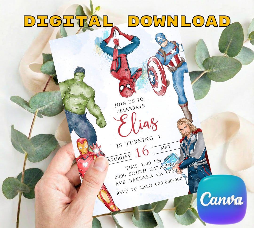Avengers Birthday Invitation, Watercolor Superhero Party Invite, Spider-Man Captain Americ