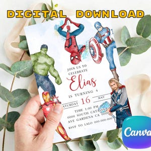 Puede incluir: Una tarjeta de invitación de cumpleaños rectangular con ilustraciones en acuarela de Hulk, Spider-Man, Captain America, Iron Man y Thor. El texto dice: JOIN US TO CELEBRATE Elias IS TURNING 4 SATURDAY 16 MAY TIME 1:00 PM 0000 SOUTH CATALINA AVE GARDENA CA 0000 RSVP TO LALO 000-000-000.