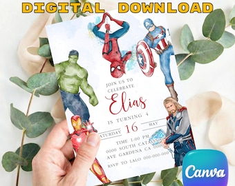 Avengers Birthday Invitation, Watercolor Superhero Party Invite, Spider-Man Captain America Iron Man Thor, Custom Digital Order