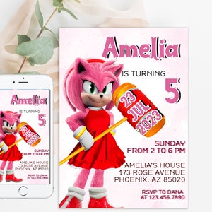 Sonic Amy Rose Birthday Digital Invitation, Kids Party E-invite, Thunder, Super Hedgehog Birthday Invites Cards for Girl