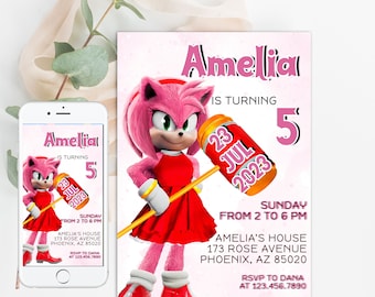 Sonic Amy Rose Birthday Digital Invitation, Kids Party E-invite, Thunder, Super Hedgehog Birthday Invites Cards for Girl