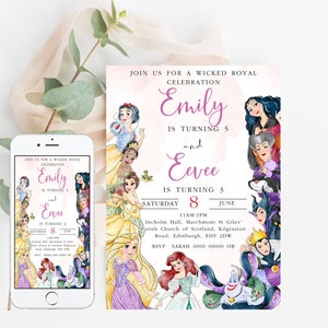 May include: A pink and purple invitation with a watercolour illustration of Disney princesses. The invitation is for a birthday party for Emily, who is turning 5, and Eevee, who is turning 3. The party will be held on Saturday, 8th June from 11am to 1pm at Incholm Hall, Marchmont St Giles, Parish Church of Scotland, Kilgraston Road, Edinburgh, EH9 2DW. RSVP to Sarah at 0000 00000.