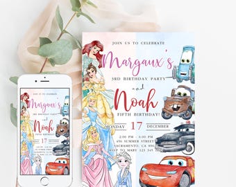 Invitación de cumpleaños de la Princesa y Rayo McQueen: Plantilla editable (Descarga digital)