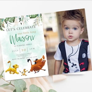 Foto editável do convite de aniversário do Rei Leão, modelo de convite de aniversário do Simba Convite digital com Simba Nala Pumbaa