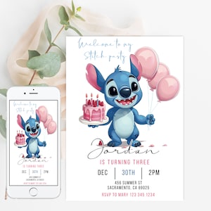 Stitch-Geburtstags-Einladung | Stich Party | Stitch Party einladen | Strandparty einladen | 20x20cm Geburtstagsparty einladen Digitale Einladung