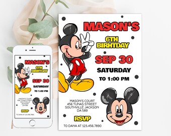 May include: A printable invitation for a 6th birthday party featuring Mickey Mouse. The invitation is white with black polka dots and features a red and yellow "MASON'S 6TH BIRTHDAY" banner. The invitation also includes the date "SEP 30", the day "SATURDAY", and the time "TO 1:00 PM".