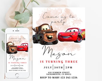 Fête d'invitation d'anniversaire de voitures pour garçon inviter Lightning McQueen thème Mater Téléchargement instantané numérique imprimable