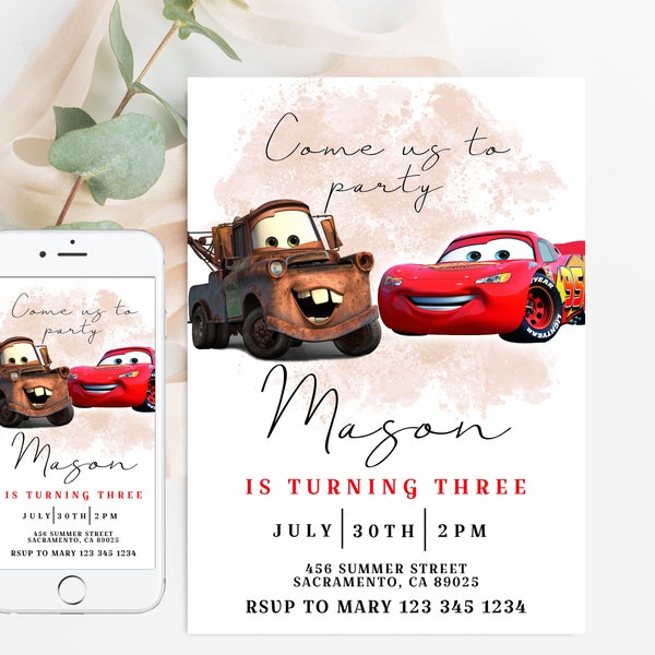Cars Birthday Invitation Party for Boy Invite  Lightning McQueen Theme Mater Instant Download Digital Printable