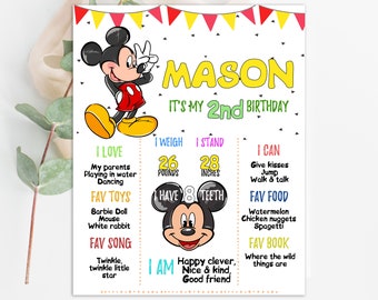 Plantilla de póster de hito del primer cumpleaños de Mickey Mouse, tablero editable, decoraciones para fiestas, letrero de pizarra imprimible, Corjl digital o impreso