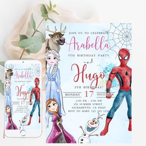 Frost och Spiderman dubbel födelsedagsinbjudan Prinsessan Elsa Anna Spider-Man-festinbjudan Pojke och flicka Frost födelsedagsinbjudan