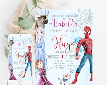 Frozen en Spider-Man dubbele verjaardagsuitnodiging prinses Elsa Anna Spider-Man verjaardagsuitnodiging jongen en meisje Frozen verjaardagsuitnodiging