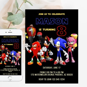 Sonic Birthday Digital Invitation, Kids Party E-invite, Thunder, Super Hedgehog Birthday Invites Cards for Boys