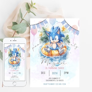 Pool Party Sonic Phone Birthday Invitation The Hedgehog Template, Pool Party Electronic Invitation, Electronic Invite, Phone Invite