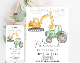 EDITABLE Birthday Invitation Tractor and Excavator, Transport Party Invite Template, Ranch Kids Birthday